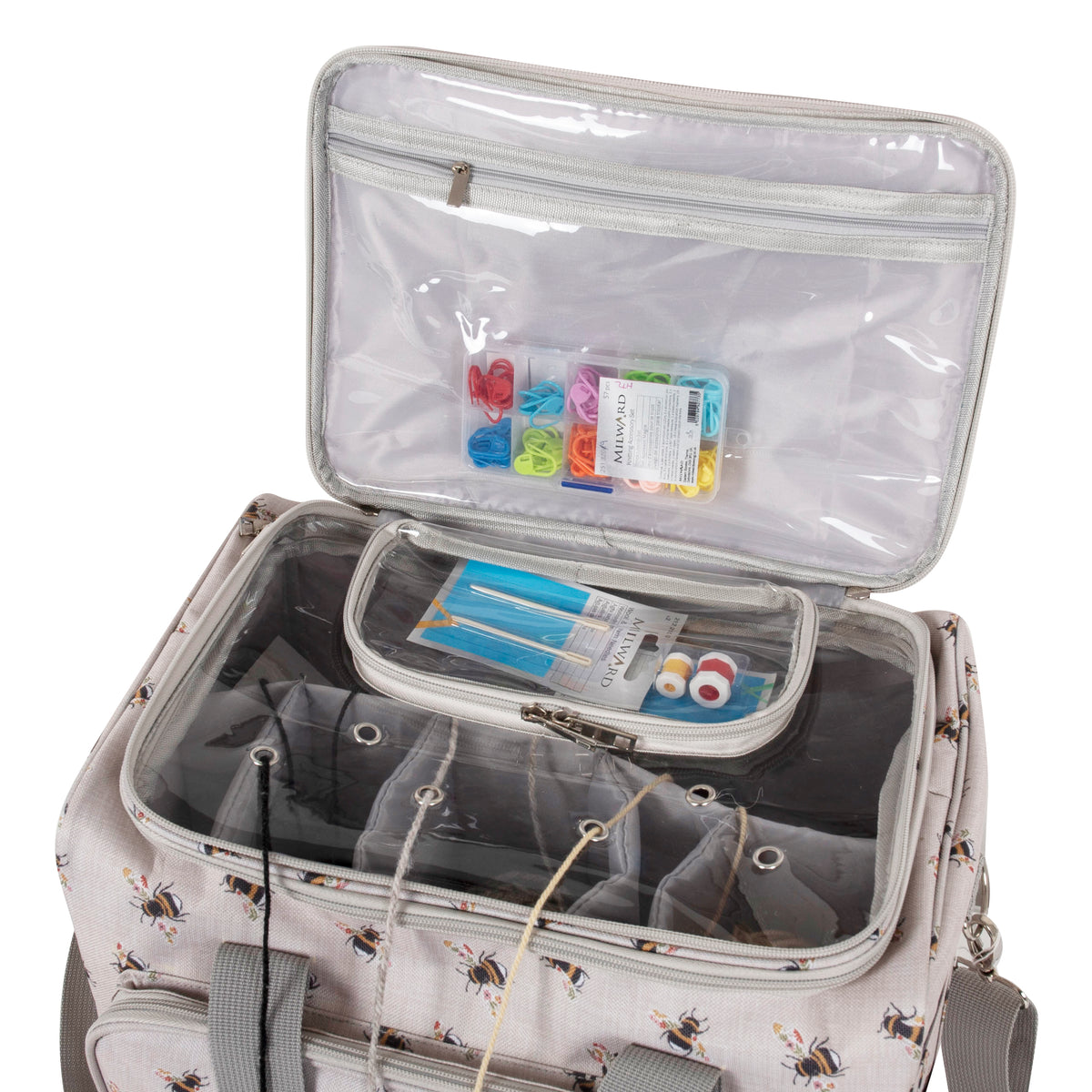 Bee print craft storage bag with clear top
