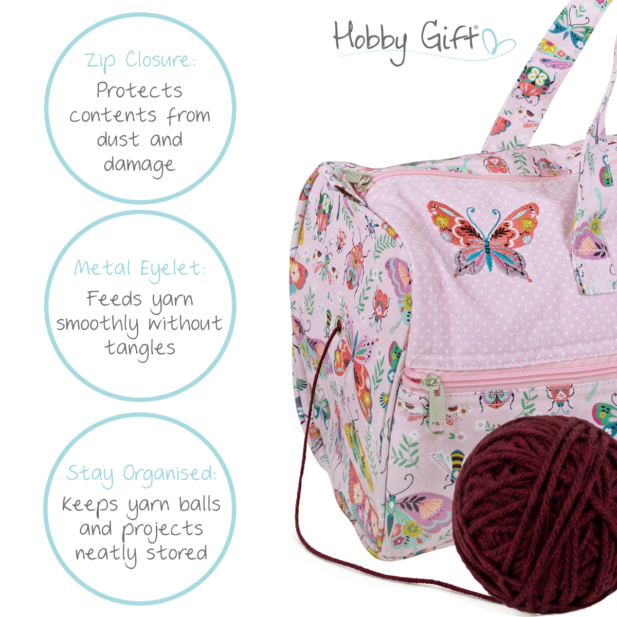 Bugs & Butterflies embroidered cotton knitting bag with handles