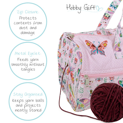 Bugs & Butterflies embroidered cotton knitting bag with handles