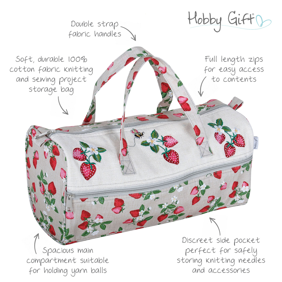 Strawberry Greenhouse embroidered cotton knitting bag with handles