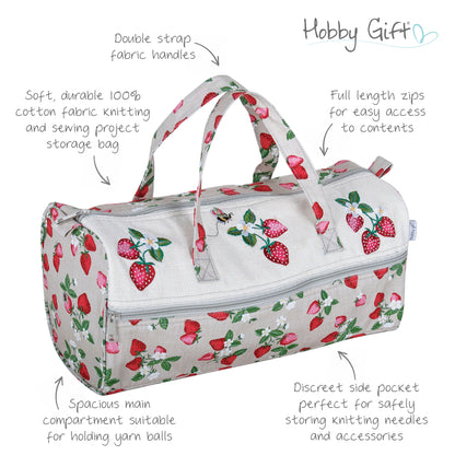 Strawberry Greenhouse embroidered cotton knitting bag with handles