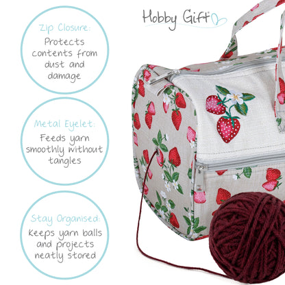 Strawberry Greenhouse embroidered cotton knitting bag with handles