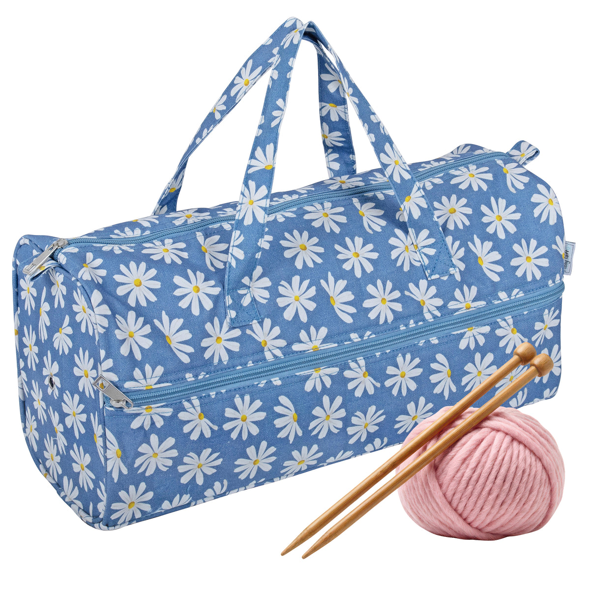 Denim Daisies cotton knitting bag with handles