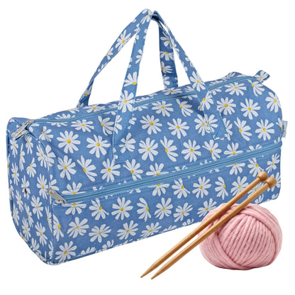 Denim Daisies cotton knitting bag with handles