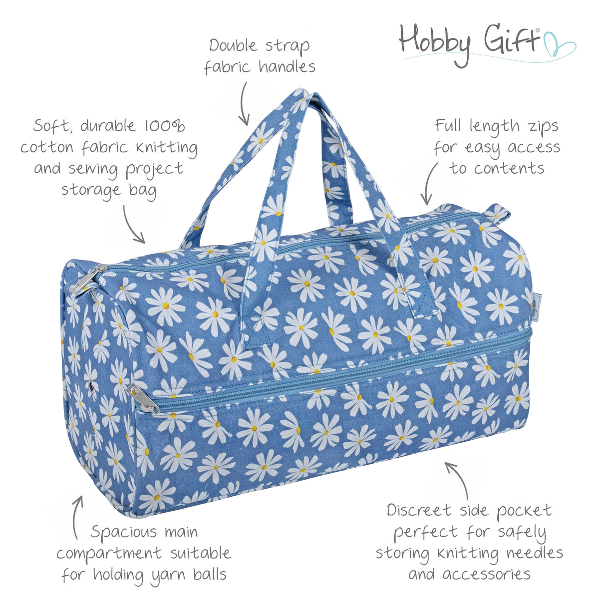 Denim Daisies cotton knitting bag with handles