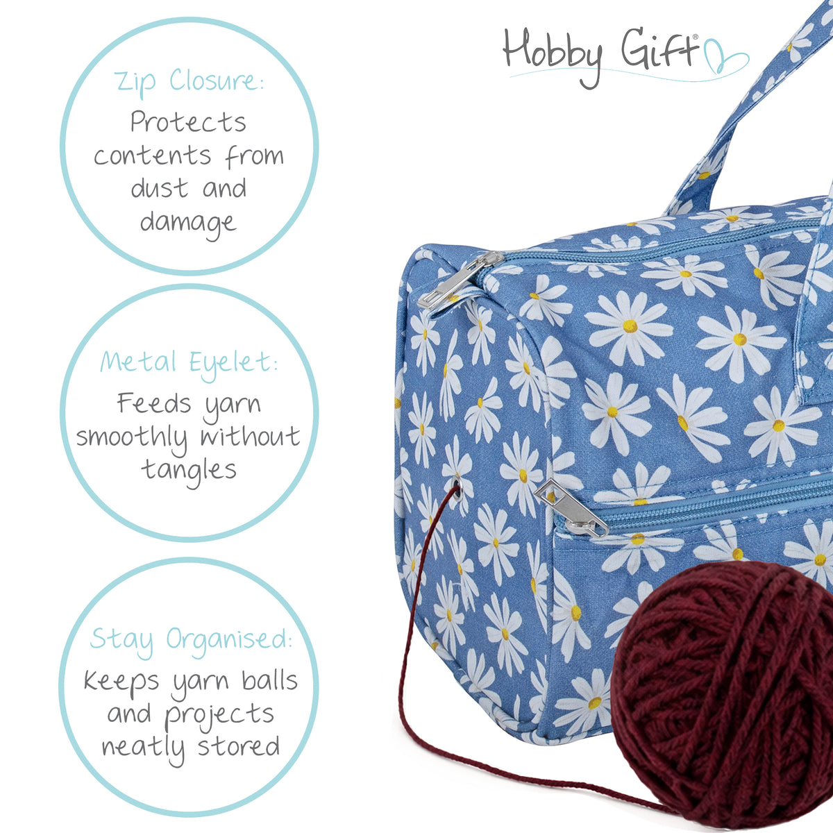 Denim Daisies cotton knitting bag with handles