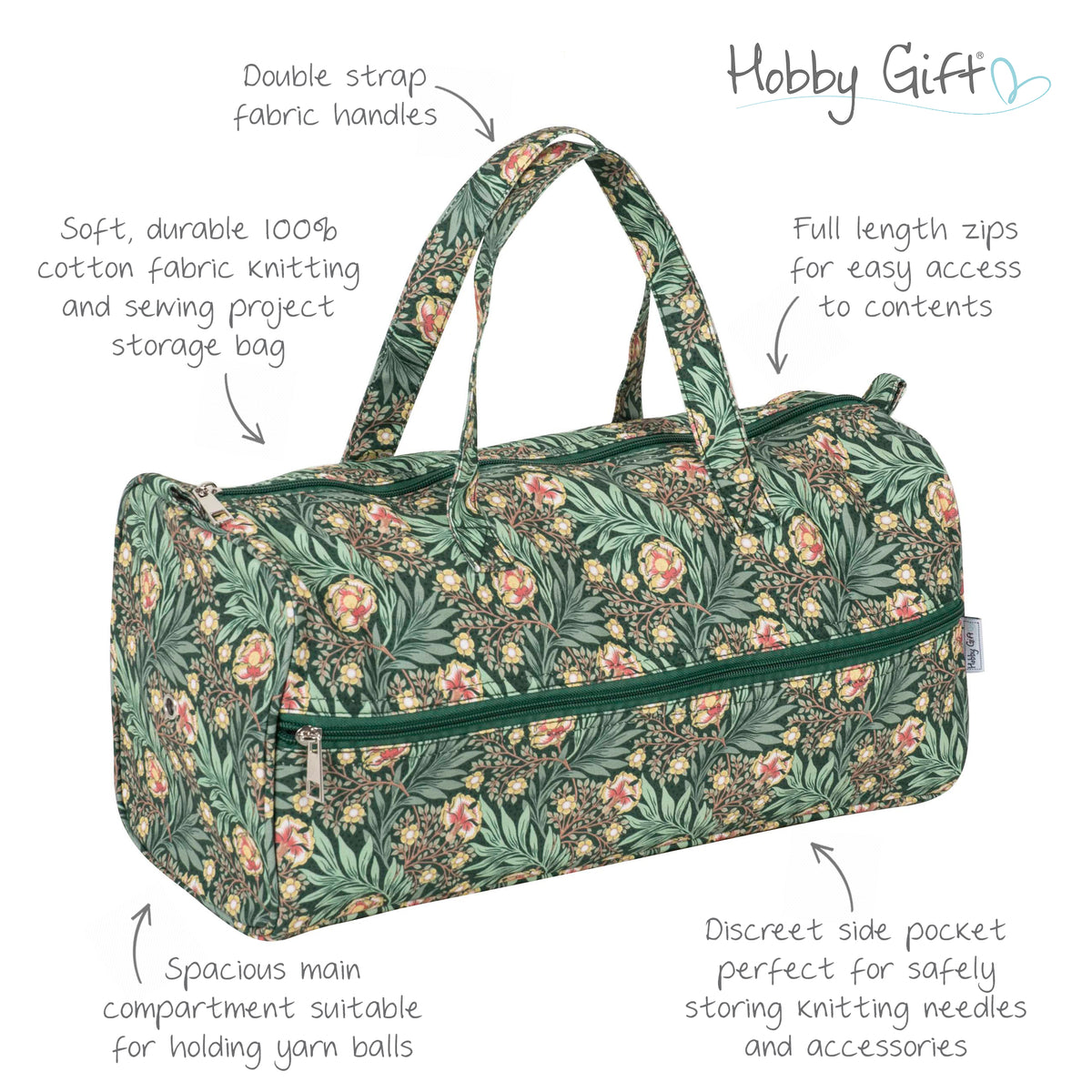 Green floral print knitting bag with handles