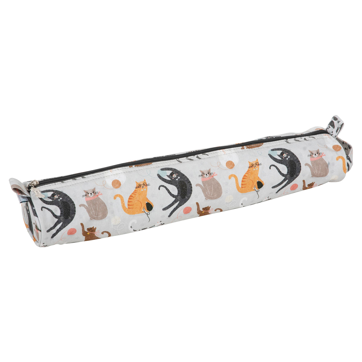 Long zipped fabric knitting needle case with cat print