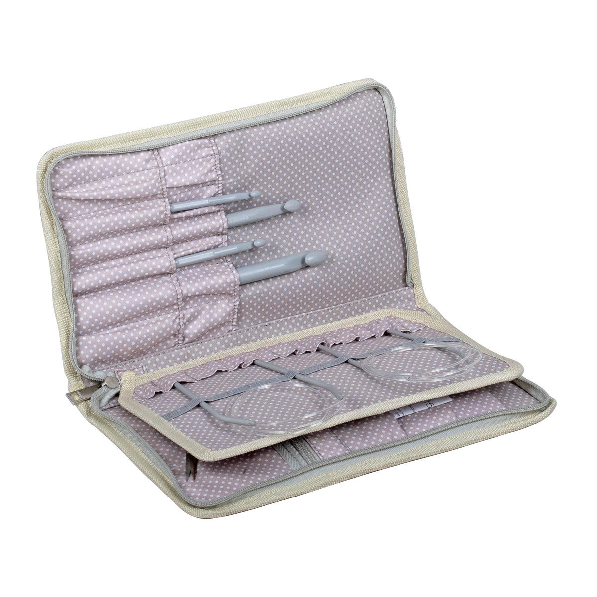 Zipped hard interchangeable needle case with strawberry greenhouse print fabric