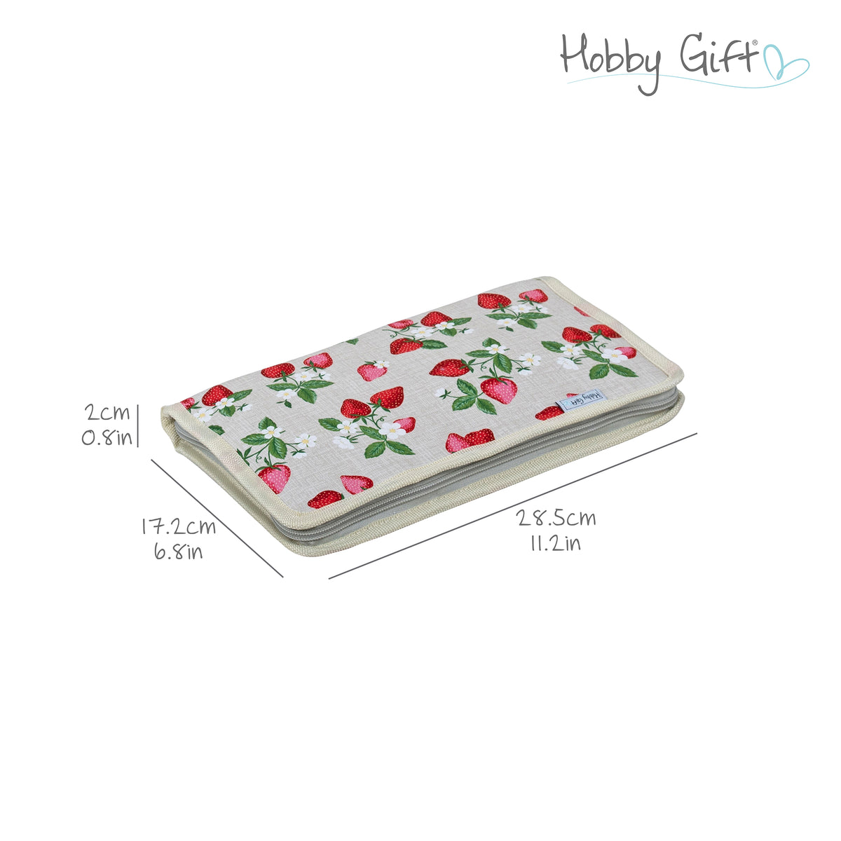 Zipped hard interchangeable needle case with strawberry greenhouse print fabric
