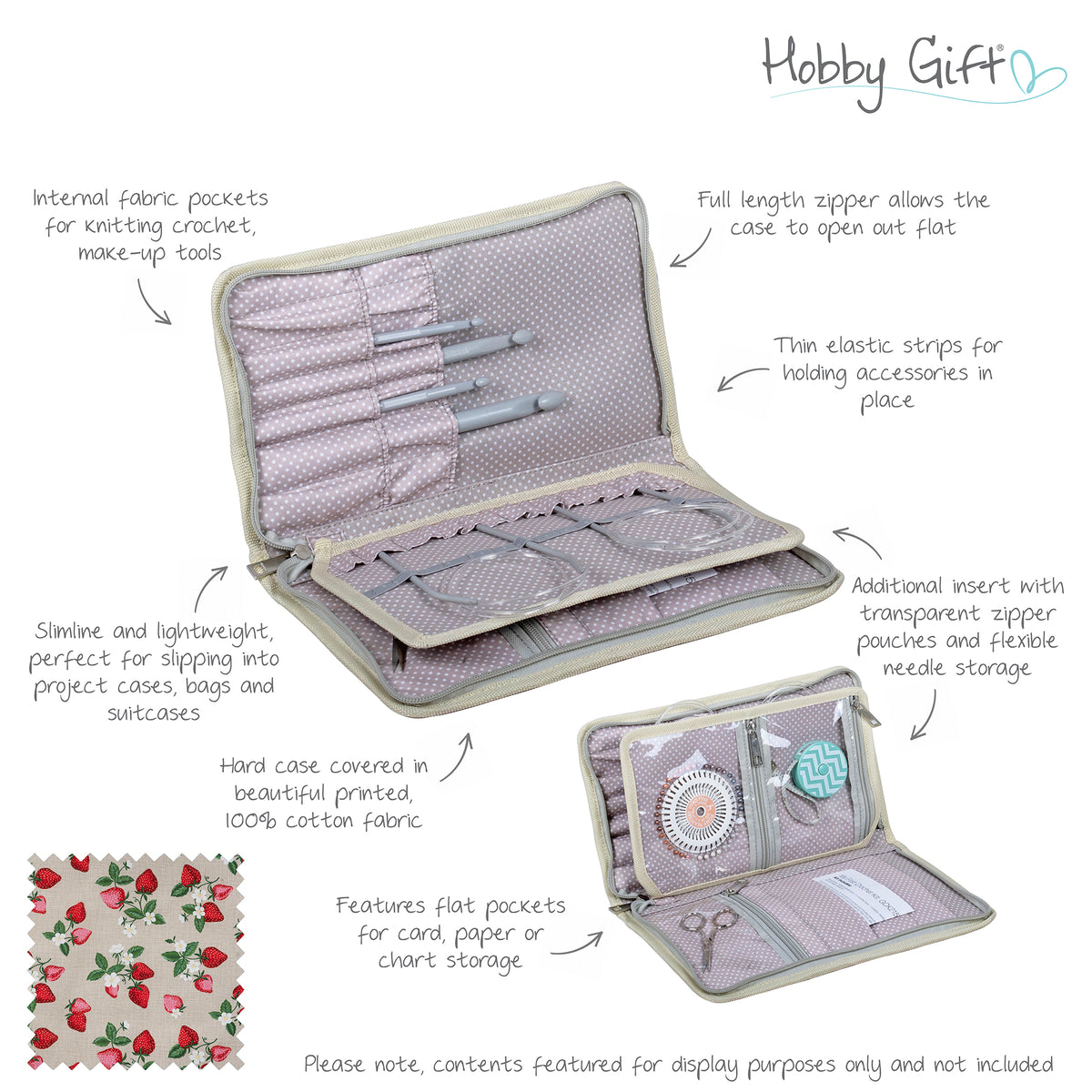 Zipped hard interchangeable needle case with strawberry greenhouse print fabric