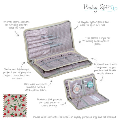 Zipped hard interchangeable needle case with strawberry greenhouse print fabric