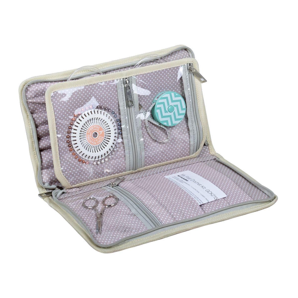 Zipped hard interchangeable needle case with strawberry greenhouse print fabric