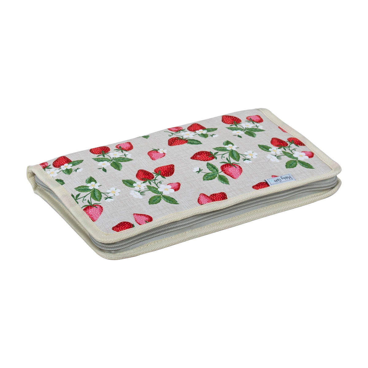 Zipped hard interchangeable needle case with strawberry greenhouse print fabric