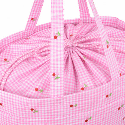 Gingham drawstring bag with embroidered cherries