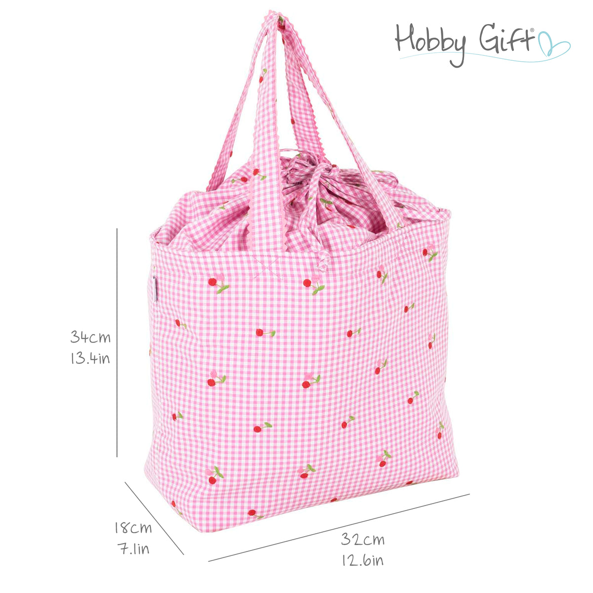 Gingham drawstring bag with embroidered cherries