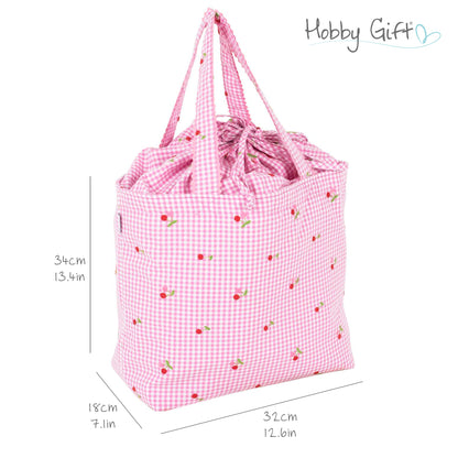 Gingham drawstring bag with embroidered cherries