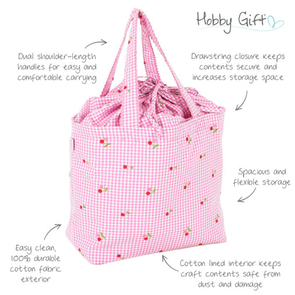 Gingham drawstring bag with embroidered cherries