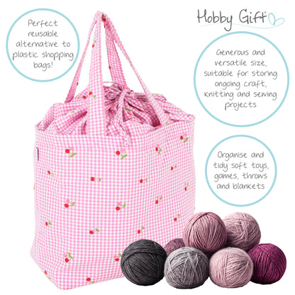 Gingham drawstring bag with embroidered cherries