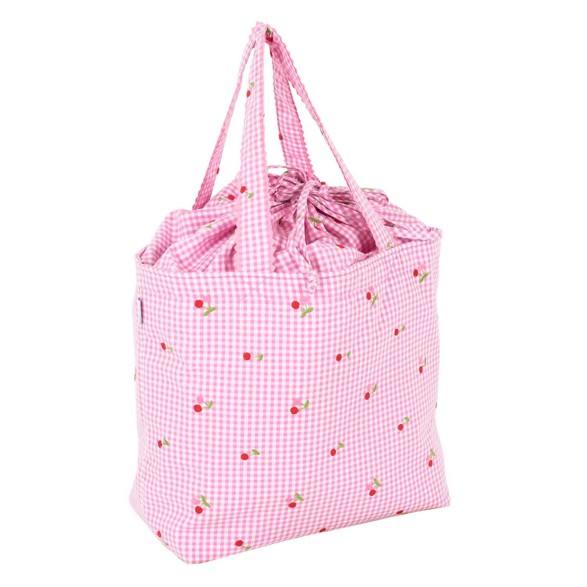 Gingham drawstring bag with embroidered cherries