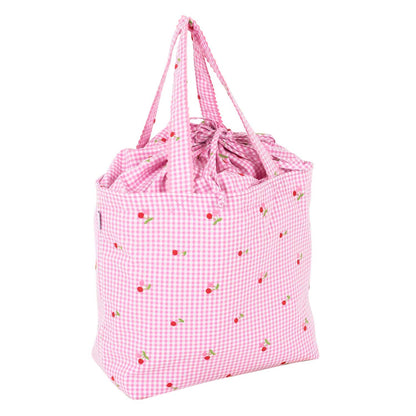 Gingham drawstring bag with embroidered cherries