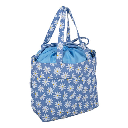 Cotton drawstring project bag with blue denim daisy print