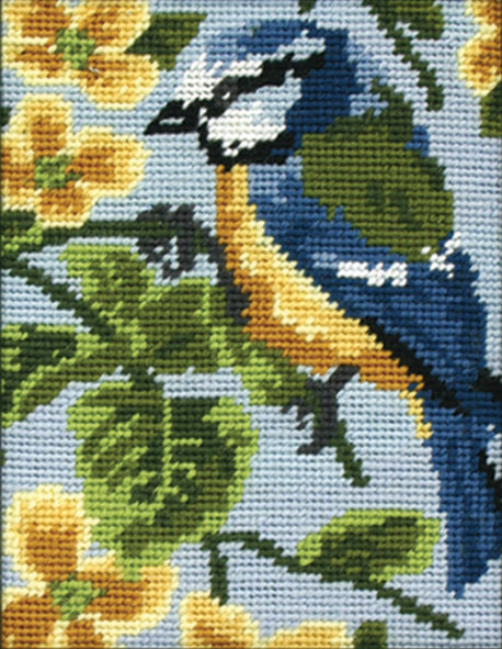 Anchor tapestry kit showing a stitched blue tit