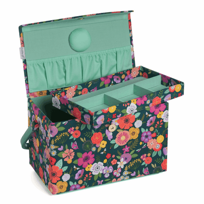 Teal Floral Garden Sewing Box with Fold Over Lid - Medium