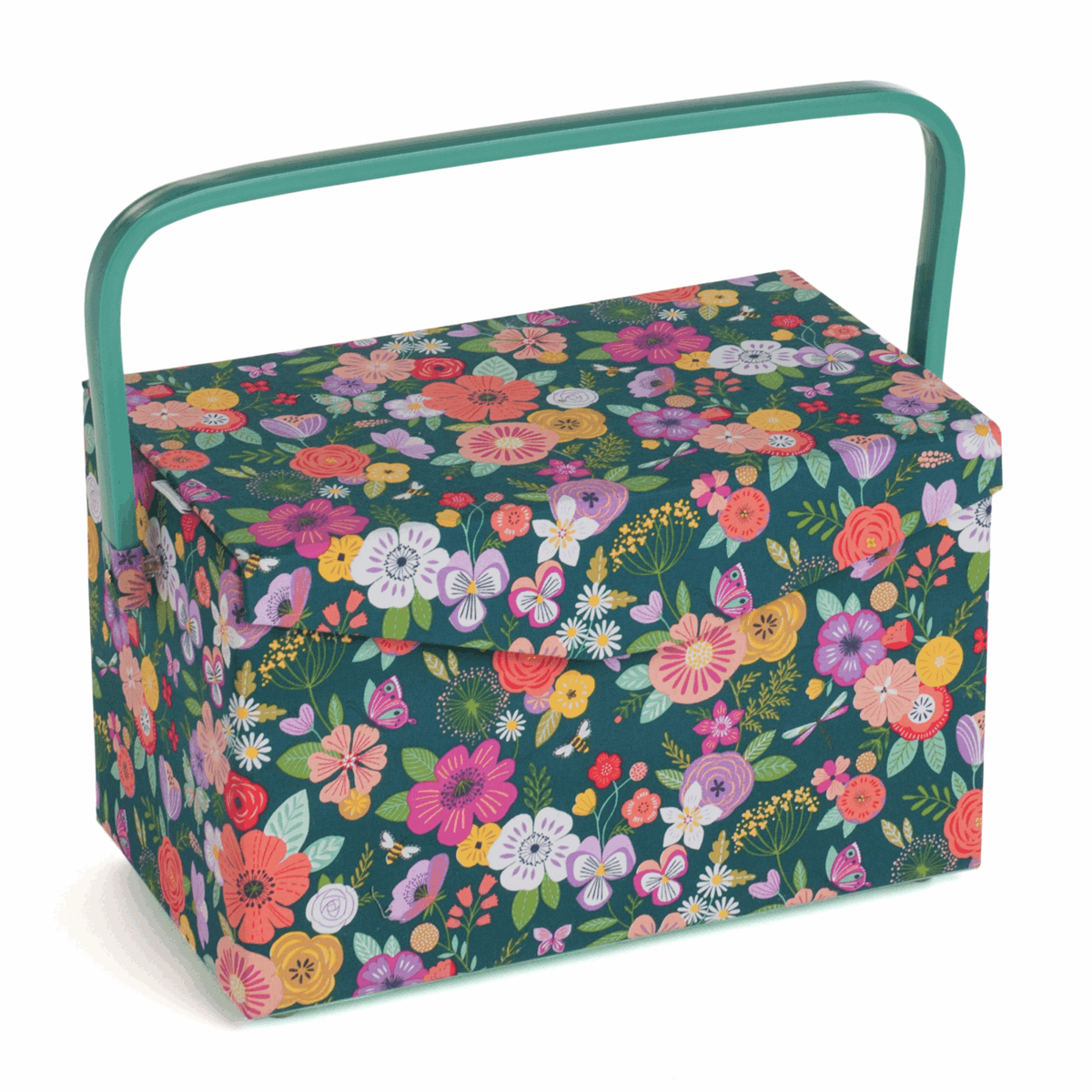 Teal Floral Garden Sewing Box with Fold Over Lid - Medium