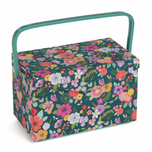 Teal Floral Garden Sewing Box with Fold Over Lid - Medium
