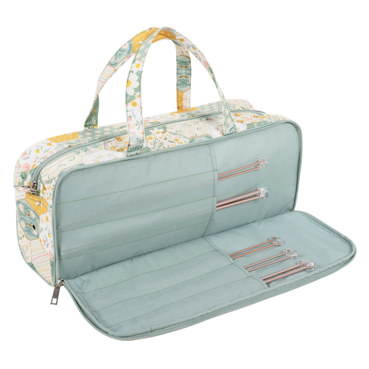 Cotton knitting bag in a patchwork bee print with double handles