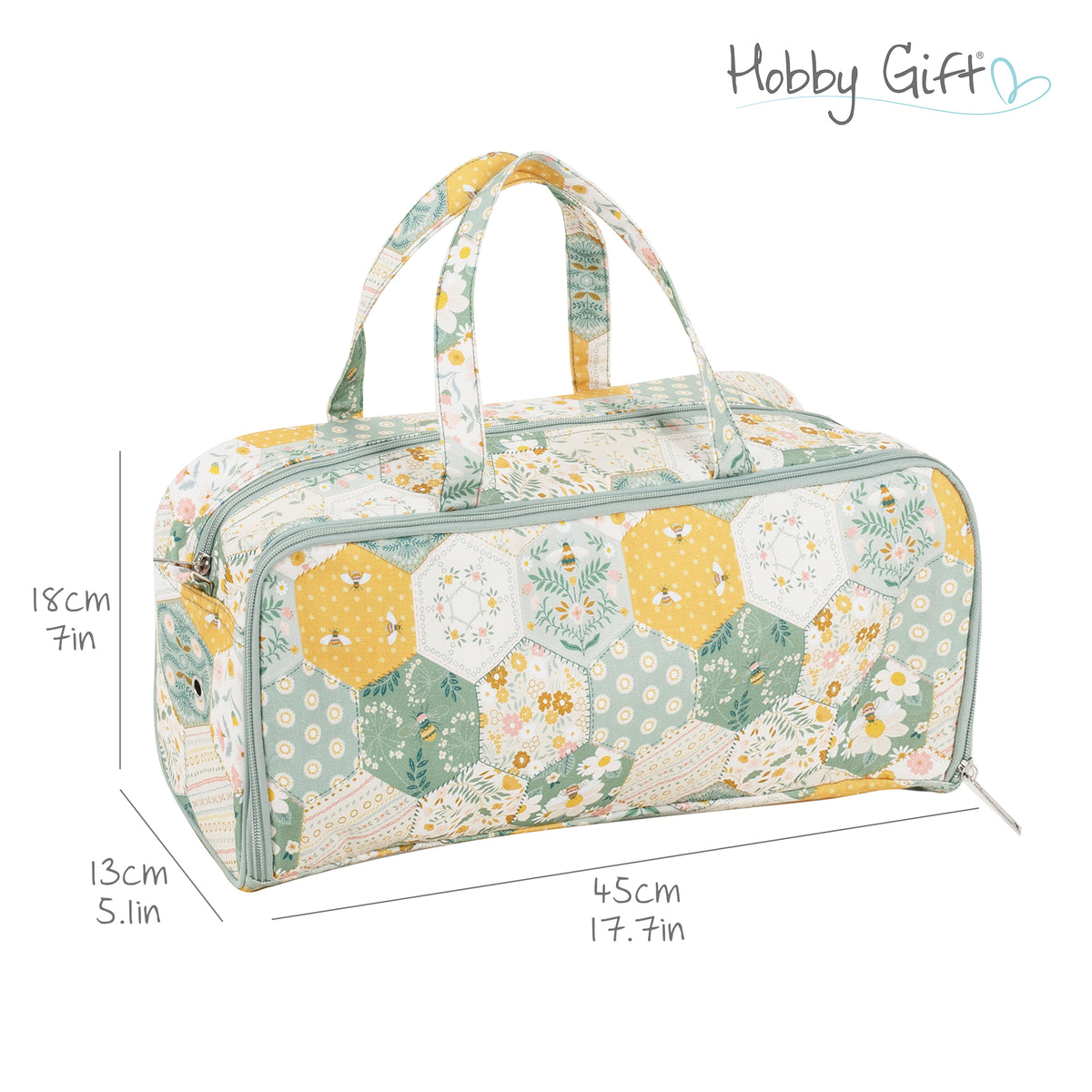 Cotton knitting bag in a patchwork bee print with double handles
