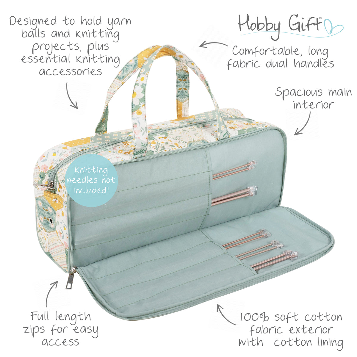 Cotton knitting bag in a patchwork bee print with double handles