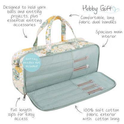Cotton knitting bag in a patchwork bee print with double handles