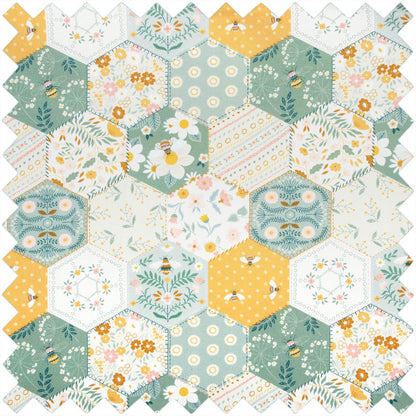 Cotton knitting bag in a patchwork bee print with double handles