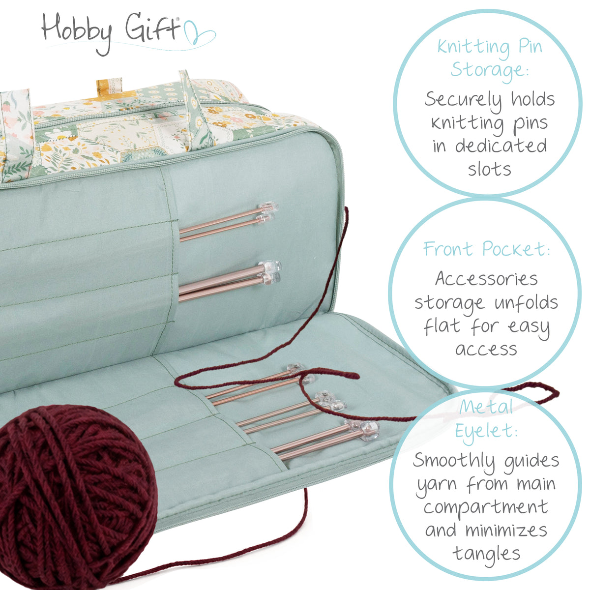 Cotton knitting bag in a patchwork bee print with double handles