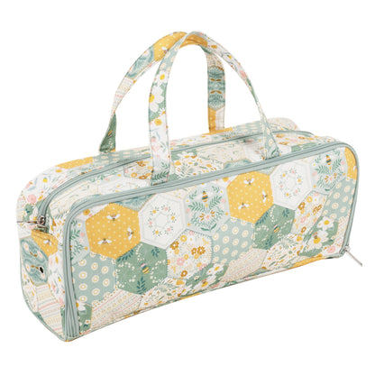 Cotton knitting bag in a patchwork bee print with double handles