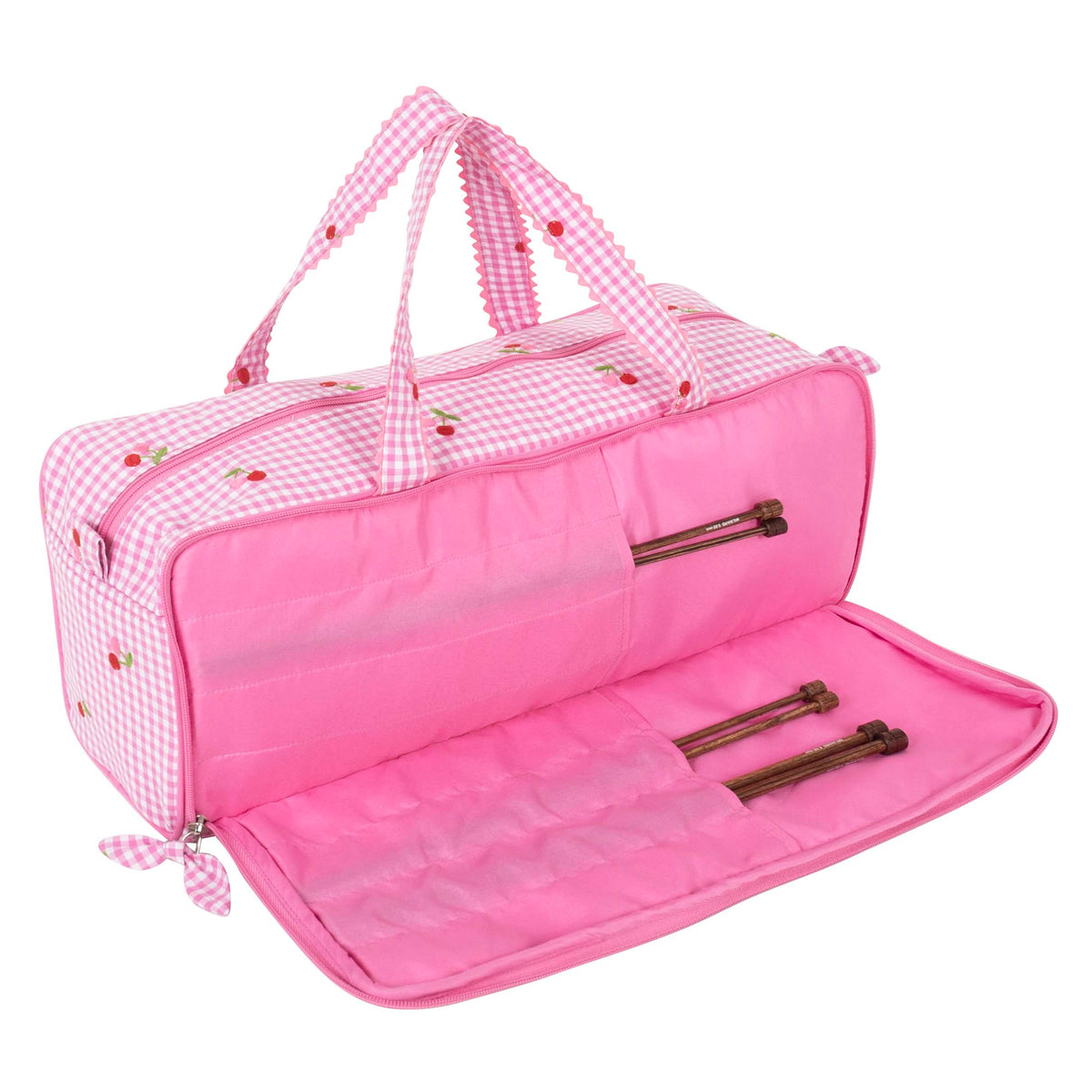 Gingham knitting bag with embroidered cherries and double handles