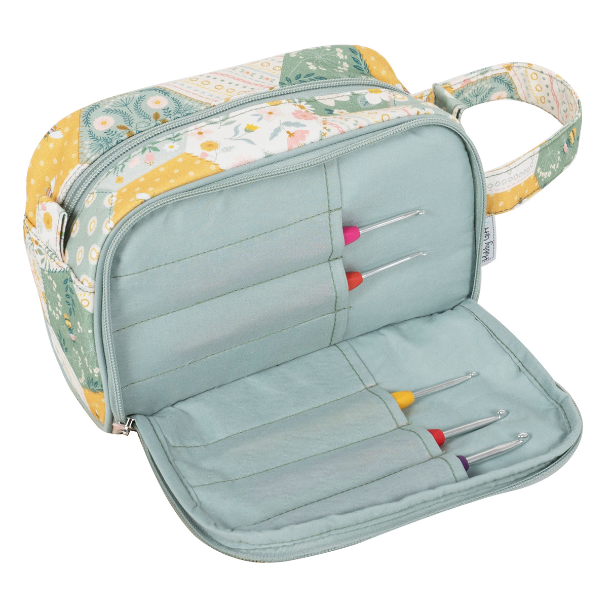 Zipped crochet hook case in patchwork bee fabric with short handle