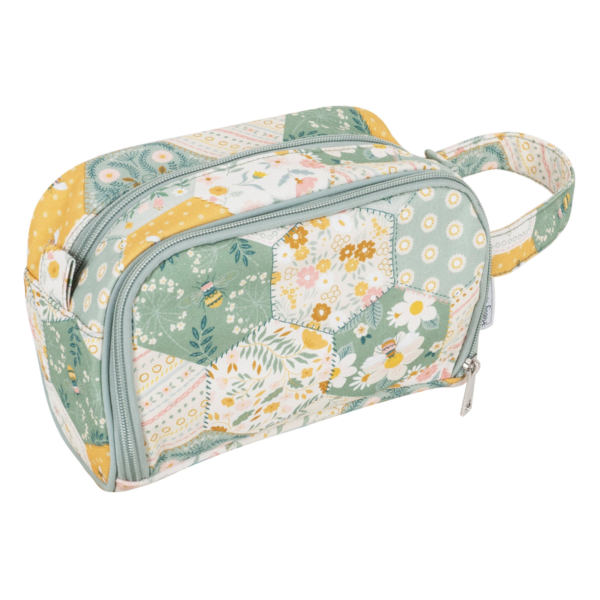 Zipped crochet hook case in patchwork bee fabric with short handle