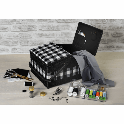 Monochrome Gingham Twin-Lidded Wicker Hamper Sewing Box - Large