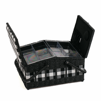 Monochrome Gingham Twin-Lidded Wicker Hamper Sewing Box - Large
