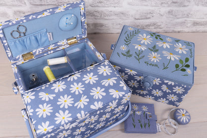 Denim Daisies with Twin Lid Sewing Box - Large