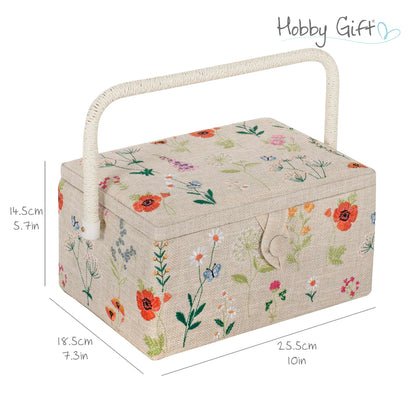 Sewing box covered in embroidered wildflowers with raffia cord handle
