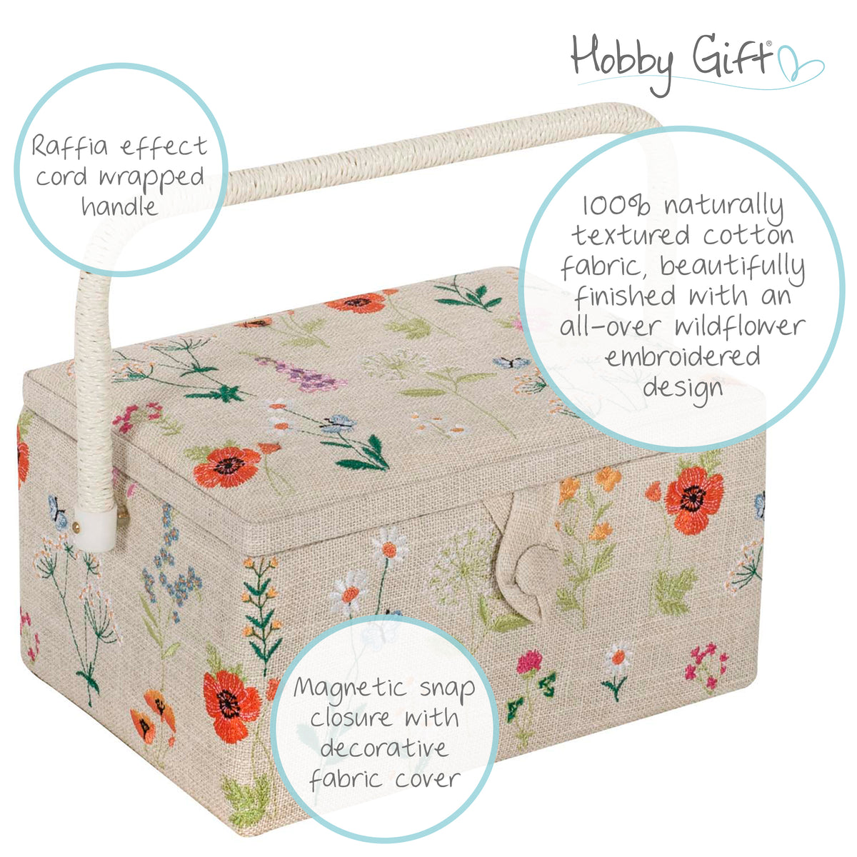 Sewing box covered in embroidered wildflowers with raffia cord handle