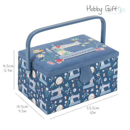 Sewing box with an embroidered sewing machine on the lid