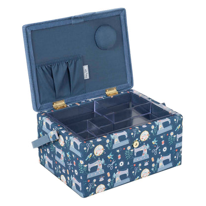 Sewing box with an embroidered sewing machine on the lid