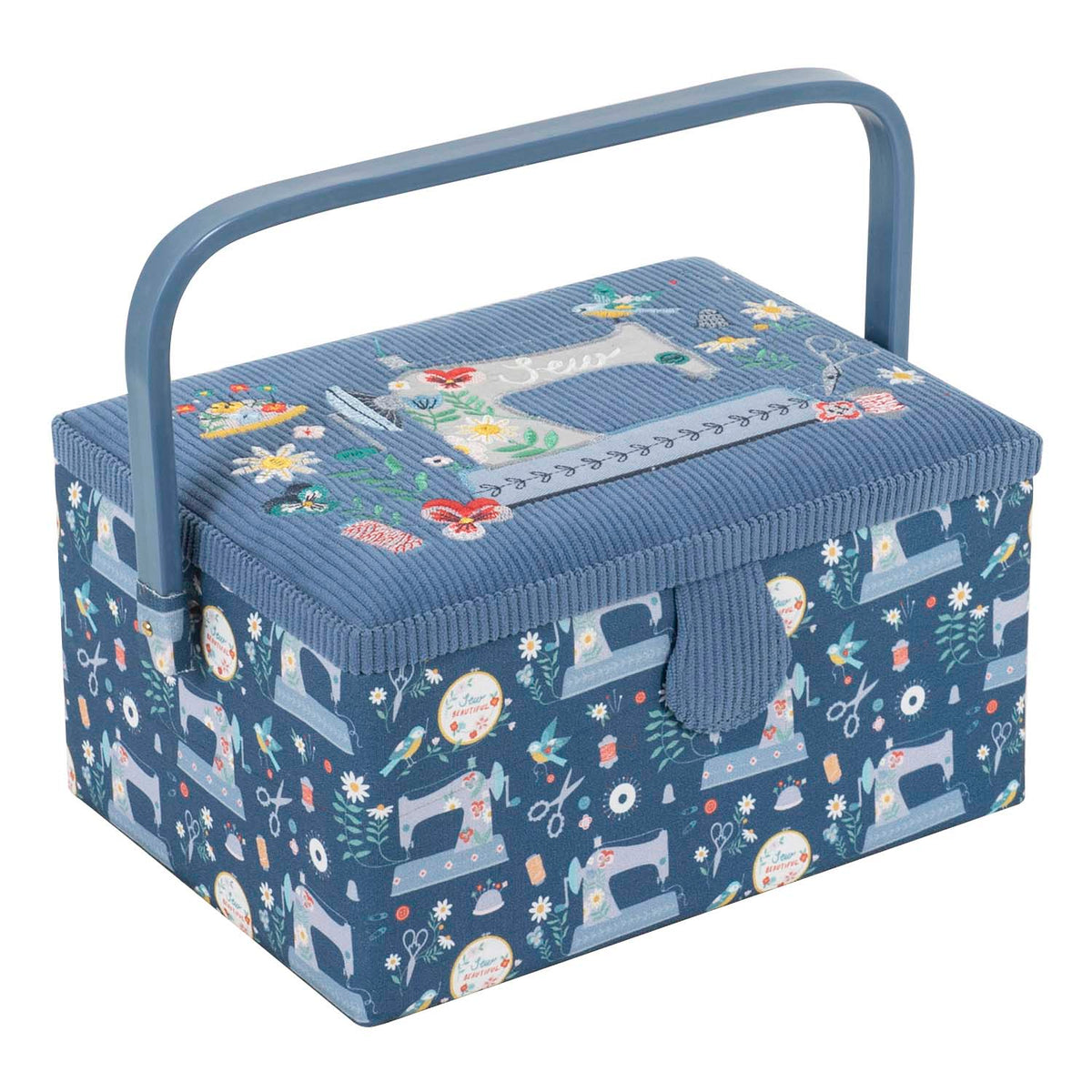 Sewing box with an embroidered sewing machine on the lid