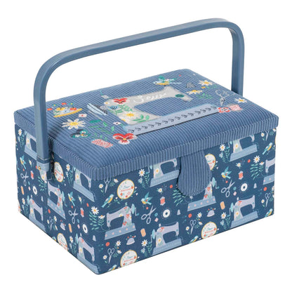 Sewing box with an embroidered sewing machine on the lid