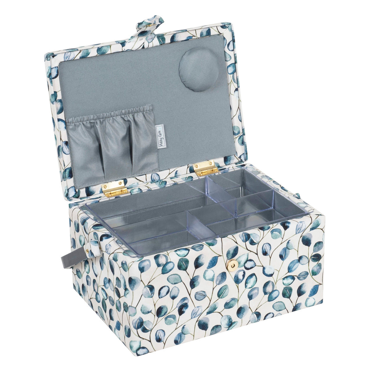 Botanical print fabric-covered sewing box with handle